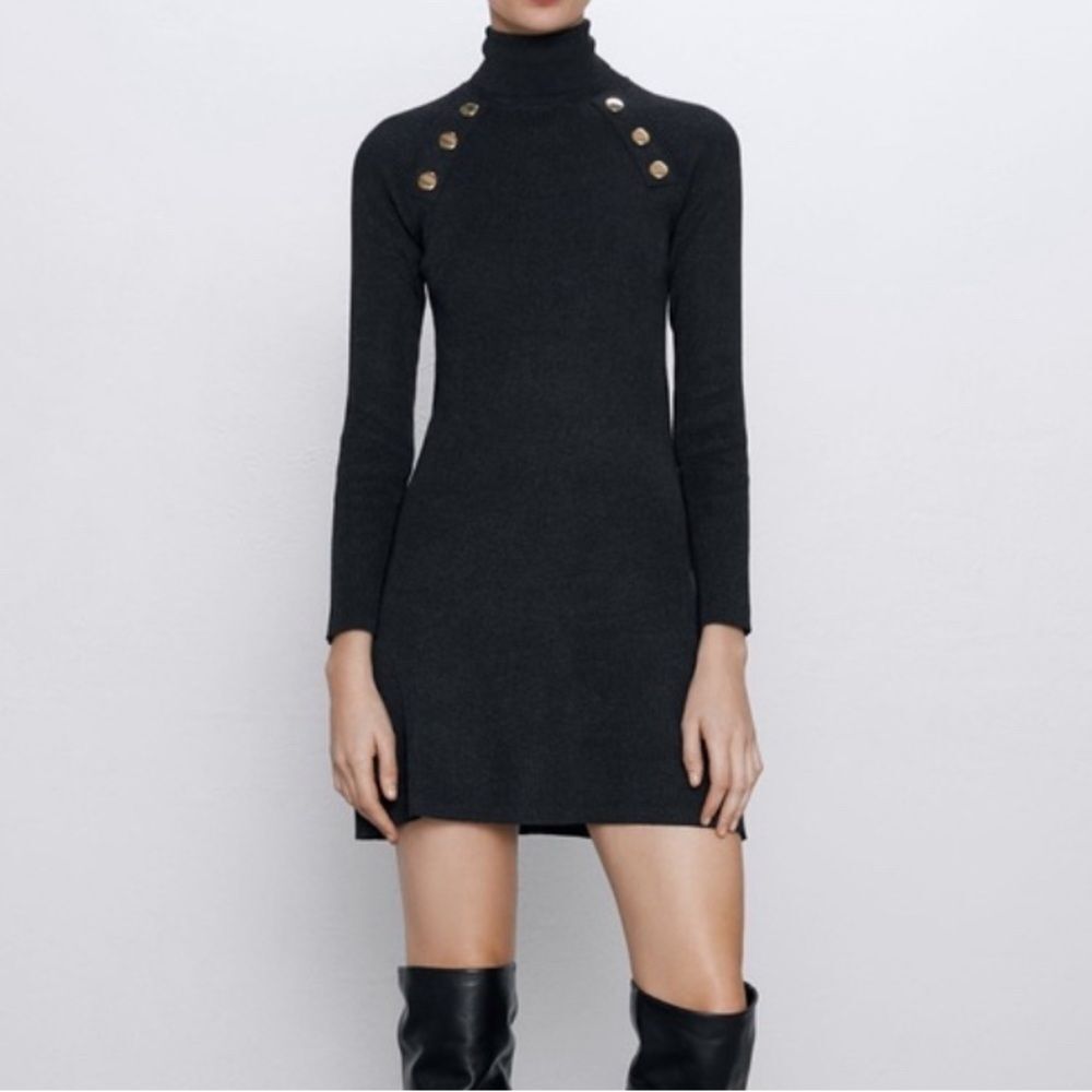 Zara Rib Sweater Black Long Sleeve Dress with Gold Button Accents size M